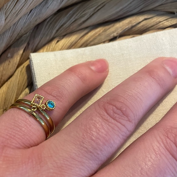 Emma & Chloe Divya Rings- 2 Gold Rings with Dangling Gems Trendy French NEW NWT - Picture 10 of 12